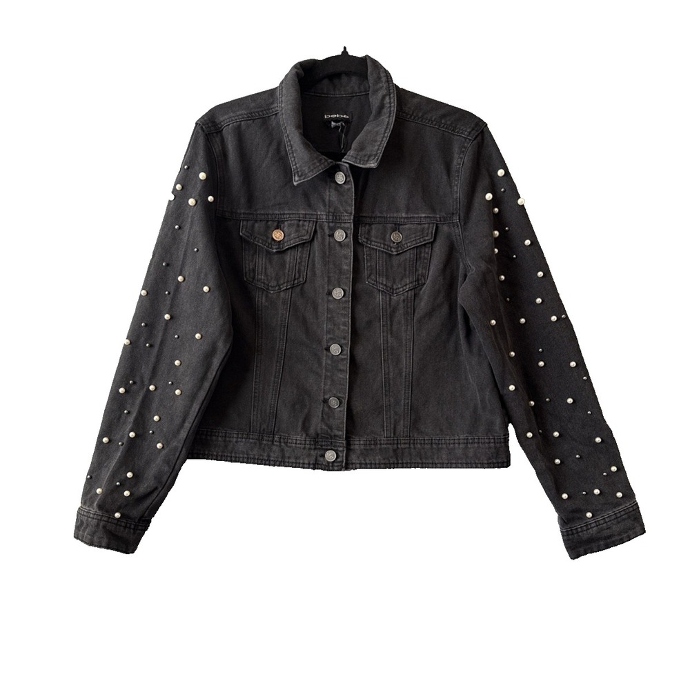 NWT bebe Charcoal Black Pearl Denim Jacket Embellished Y2K Trucker Boho Glam L